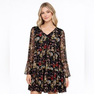 Altar’d State -Floral Tiered Babydoll Mini Dress - Black Boho Bell Sleeve-Small